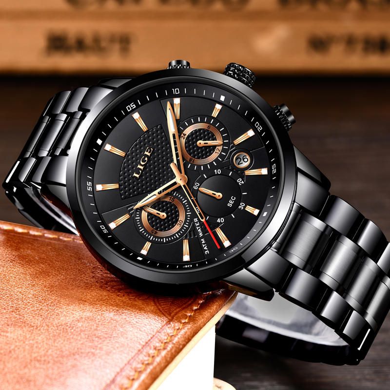 Lige 9866 Cronógrafo Reloj De Pulsera Para Hombre Con Banda De Acero Completa Reloj De Cuarzo Con Pantalla Luminosa