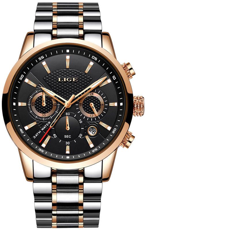 Lige 9866 Cronógrafo Reloj De Pulsera Para Hombre Con Banda De Acero Completa Reloj De Cuarzo Con Pantalla Luminosa