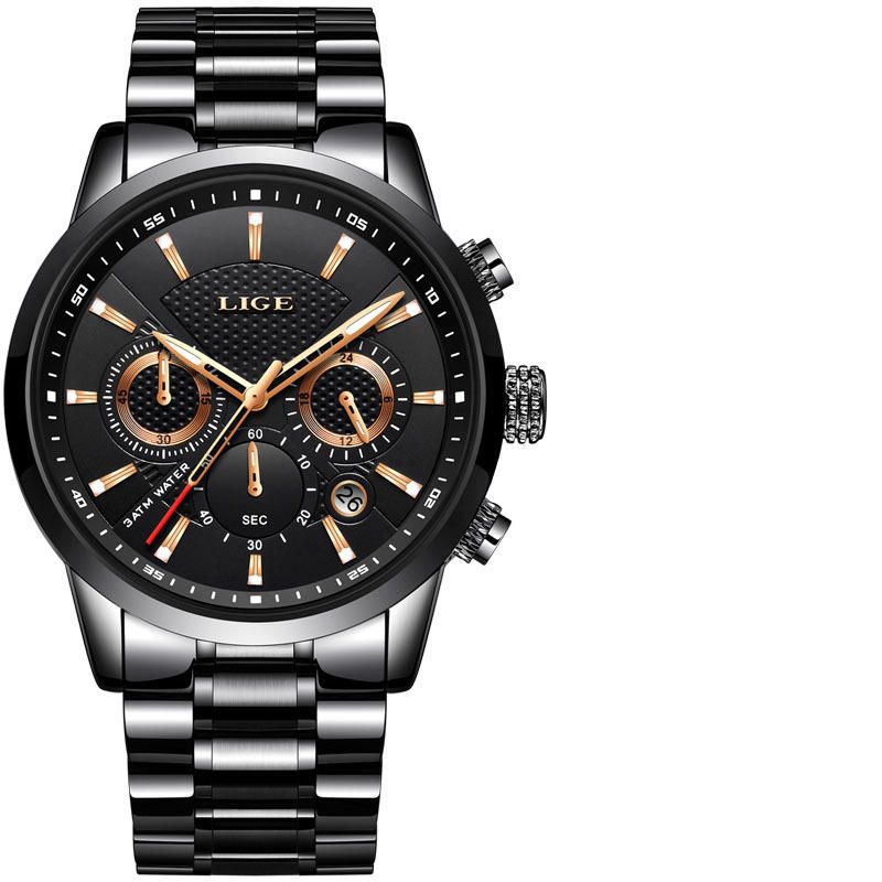 Lige 9866 Cronógrafo Reloj De Pulsera Para Hombre Con Banda De Acero Completa Reloj De Cuarzo Con Pantalla Luminosa