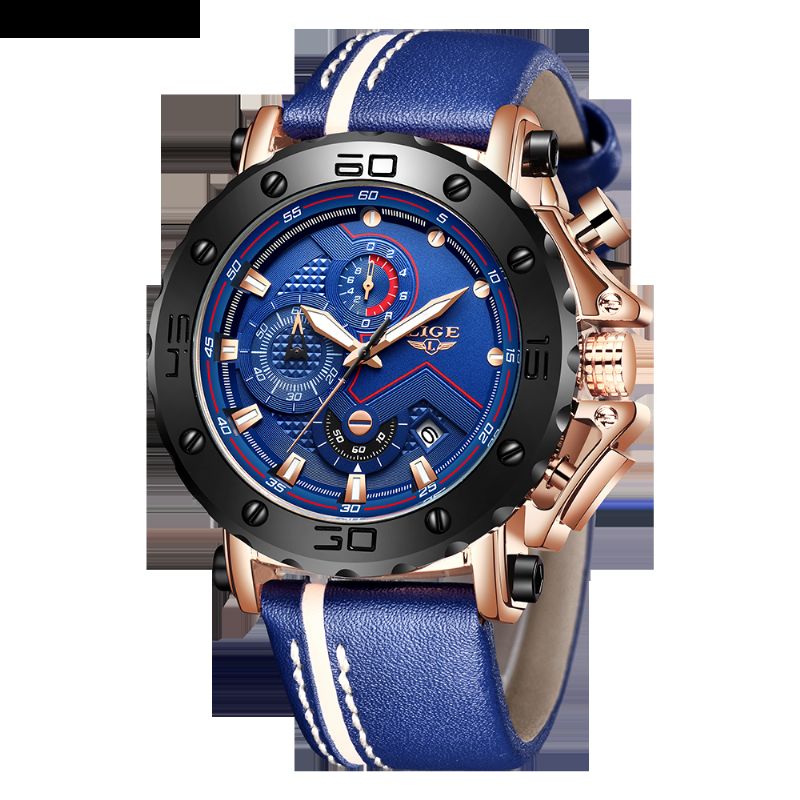 Lige 9899 Moda Hombres Correa De Cuero Pantalla Luminosa Reloj Reloj De Cuarzo