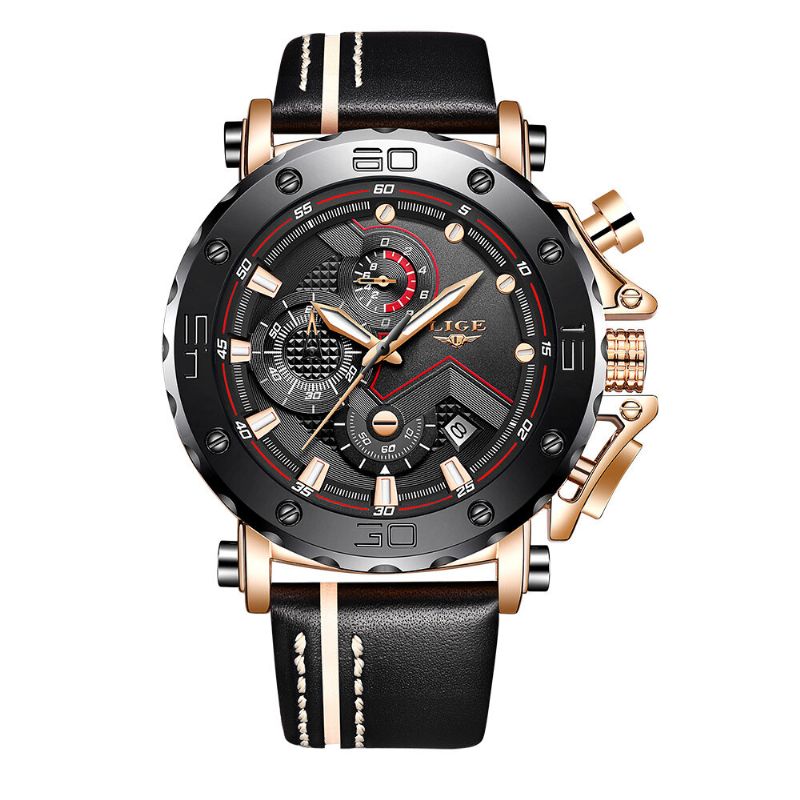 Lige 9899 Moda Hombres Correa De Cuero Pantalla Luminosa Reloj Reloj De Cuarzo