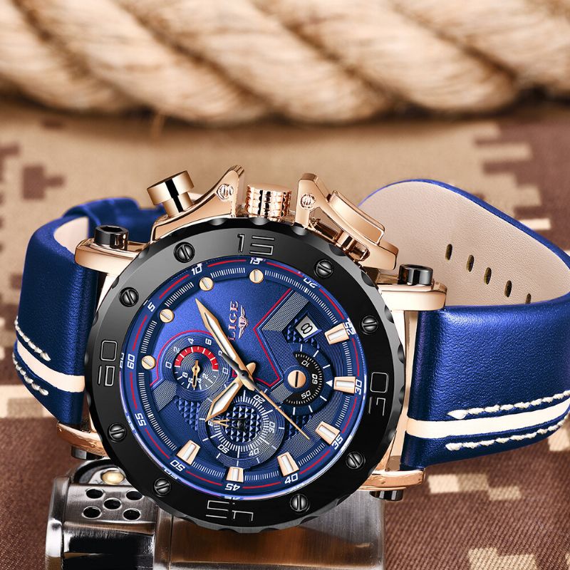 Lige 9899 Moda Hombres Correa De Cuero Pantalla Luminosa Reloj Reloj De Cuarzo