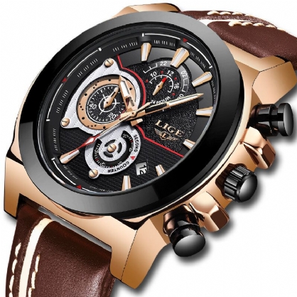 Lige Lg8901 Casual Sport Date Display Hombres Reloj De Pulsera Pantalla Luminosa Reloj De Cuarzo Con Banda De Cuero