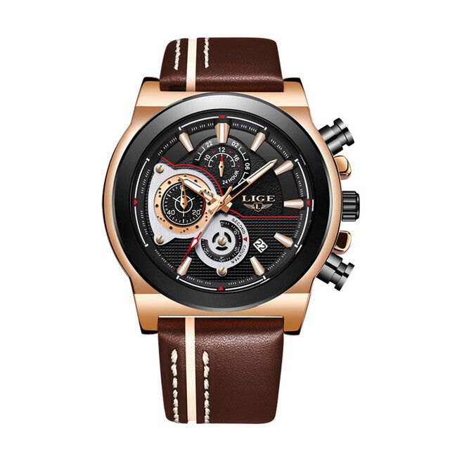 Lige Lg8901 Casual Sport Date Display Hombres Reloj De Pulsera Pantalla Luminosa Reloj De Cuarzo Con Banda De Cuero