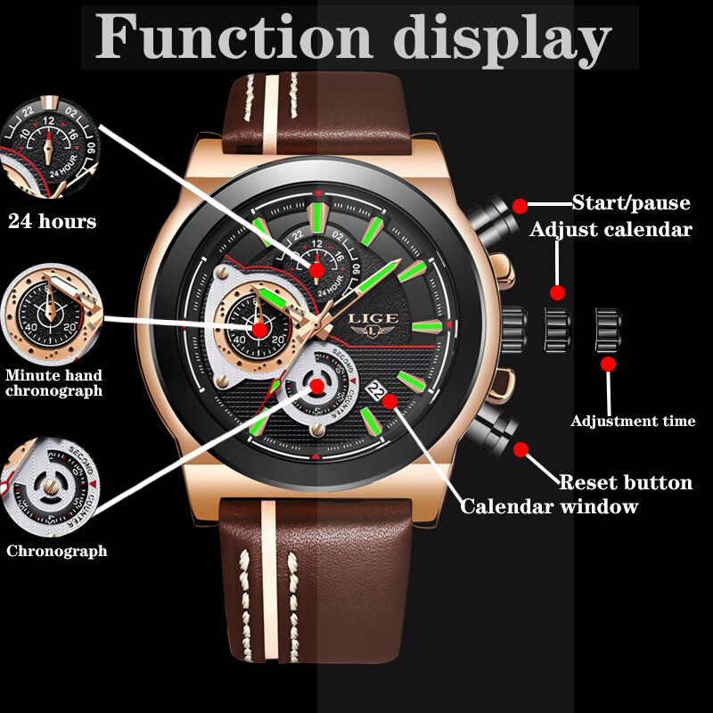 Lige Lg8901 Casual Sport Date Display Hombres Reloj De Pulsera Pantalla Luminosa Reloj De Cuarzo Con Banda De Cuero