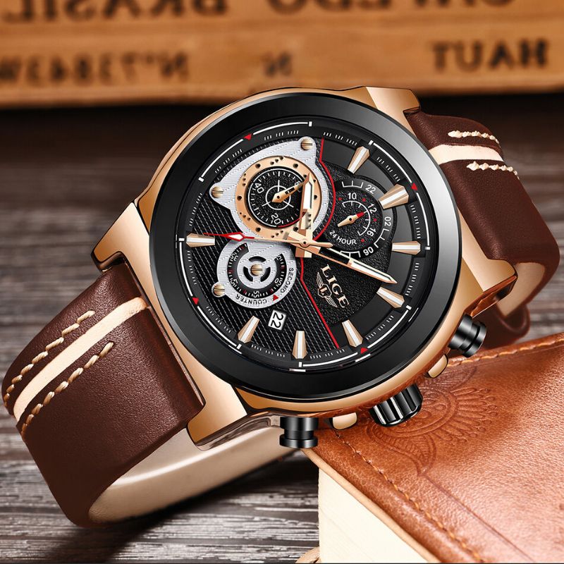 Lige Lg8901 Casual Sport Date Display Hombres Reloj De Pulsera Pantalla Luminosa Reloj De Cuarzo Con Banda De Cuero