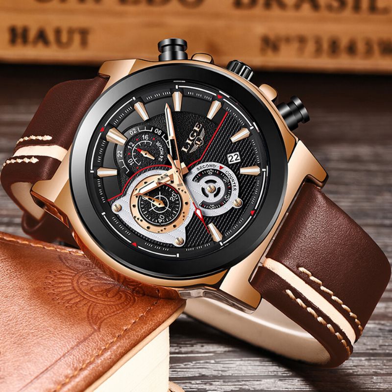 Lige Lg8901 Casual Sport Date Display Hombres Reloj De Pulsera Pantalla Luminosa Reloj De Cuarzo Con Banda De Cuero