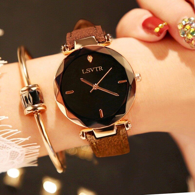 Lsvtr Casual Fashion Diamond Pattern Dial Rhinestone Pu Correa De Cuero Reloj De Pulsera Para Mujer Reloj De Cuarzo