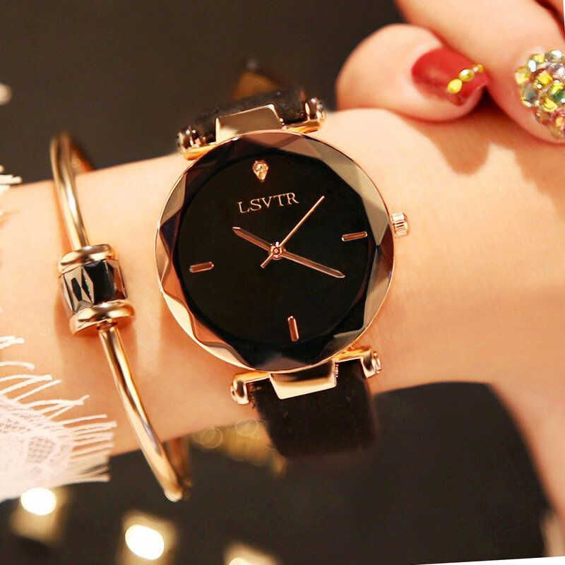 Lsvtr Casual Fashion Diamond Pattern Dial Rhinestone Pu Correa De Cuero Reloj De Pulsera Para Mujer Reloj De Cuarzo