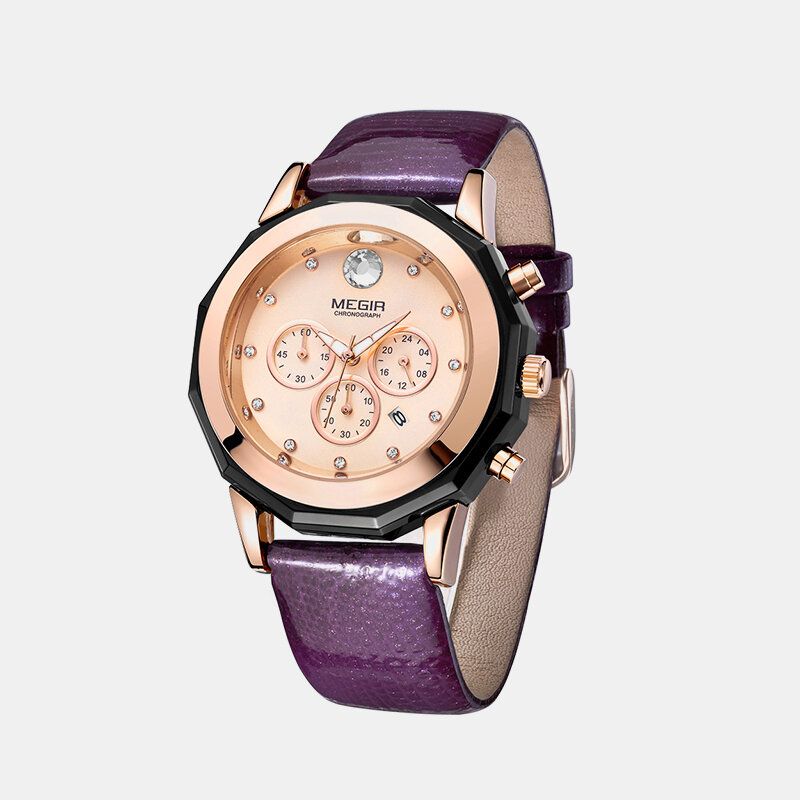 Megir 2042l Estilo De Moda Esfera De Cristal Pantalla De Fecha Correa De Cuero Impermeable Reloj De Cuarzo Para Mujer