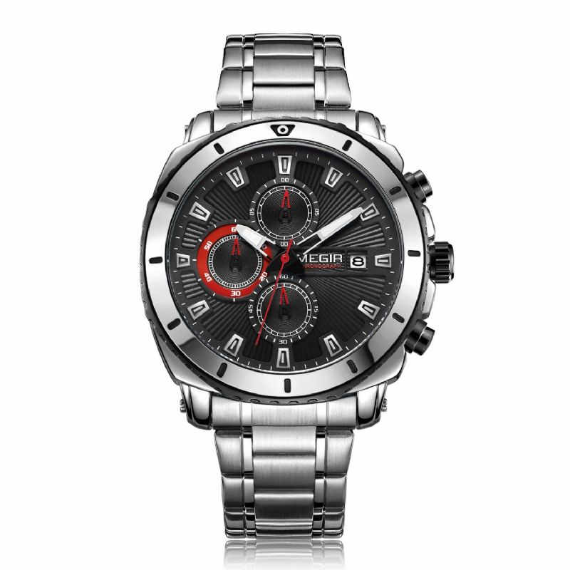 Megir Ms2075g Business Multifuncional Calendario Cronógrafo Luminoso Hombres Impermeable Reloj De Cuarzo Con Correa De Acero Inoxidable