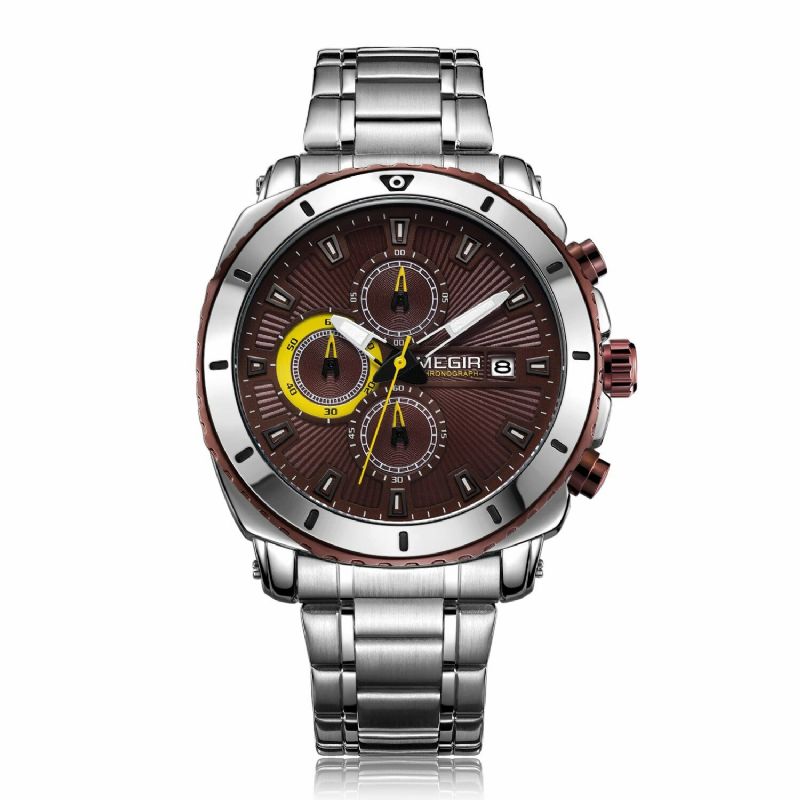 Megir Ms2075g Business Multifuncional Calendario Cronógrafo Luminoso Hombres Impermeable Reloj De Cuarzo Con Correa De Acero Inoxidable