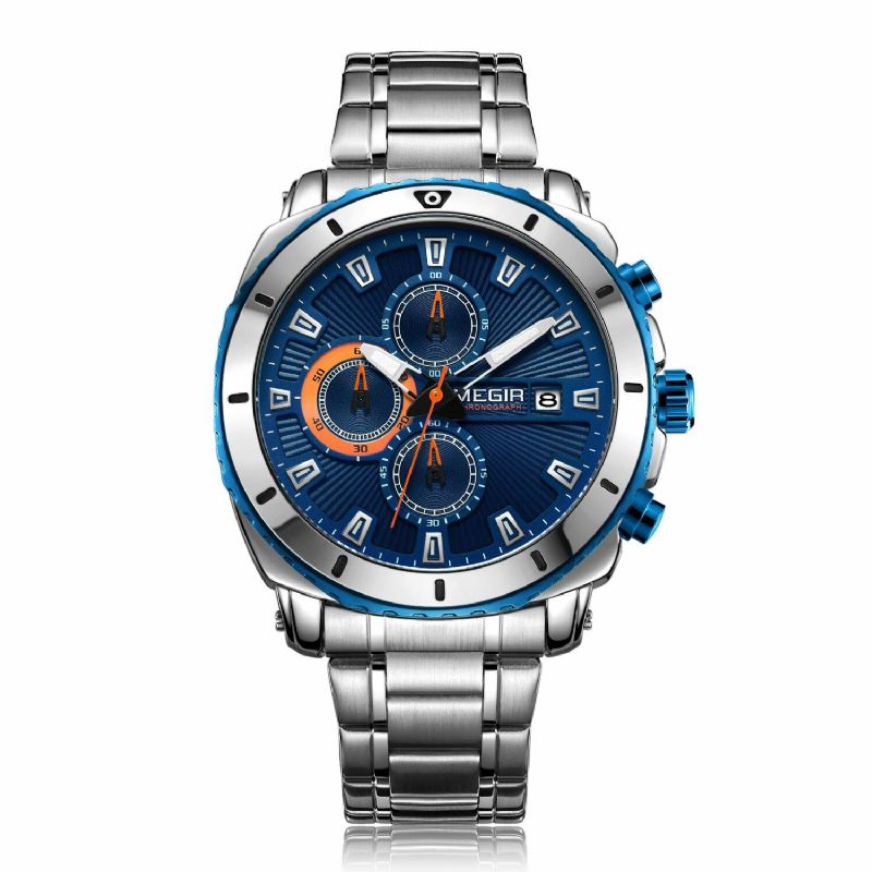 Megir Ms2075g Business Multifuncional Calendario Cronógrafo Luminoso Hombres Impermeable Reloj De Cuarzo Con Correa De Acero Inoxidable