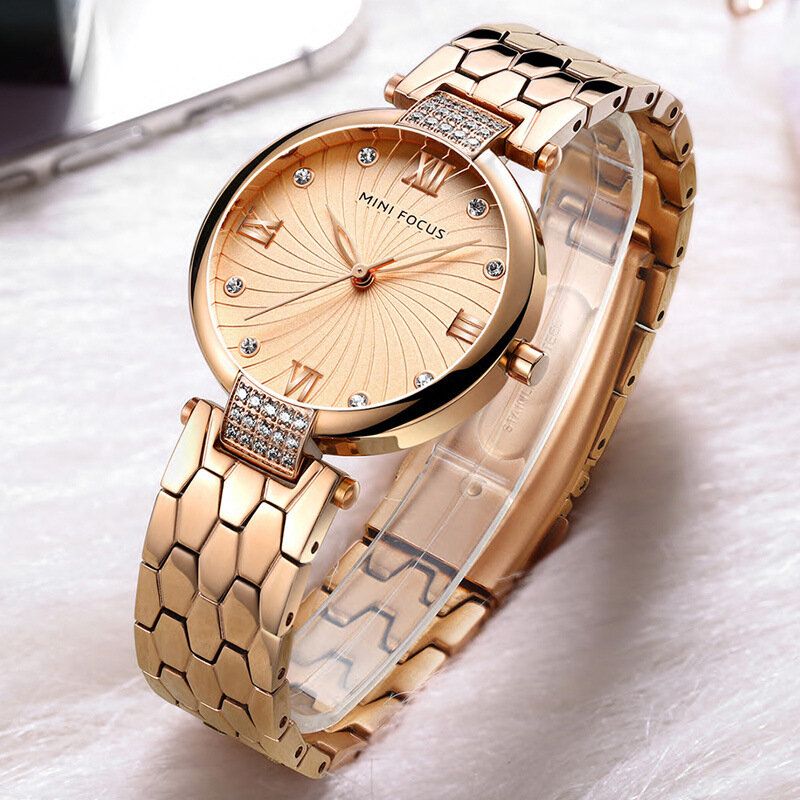 Mini Focus Mf0186 Reloj De Cuarzo Con Banda De Acero Completo Reloj De Pulsera De Cristal Para Mujer