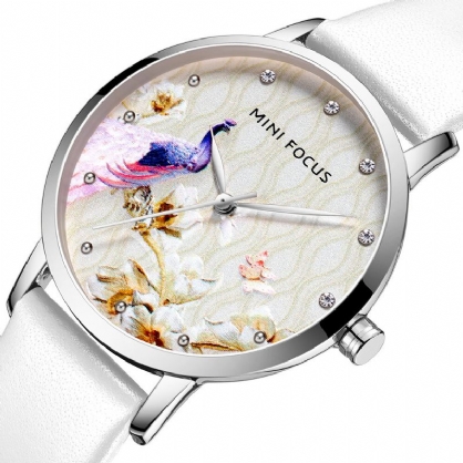 Mini Focus Mf0330l Reloj De Cuarzo De Cuero Genuino Con Patrón De Flor De Pavo Real Para Mujer