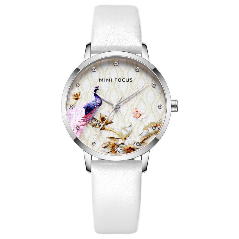 Mini Focus Mf0330l Reloj De Cuarzo De Cuero Genuino Con Patrón De Flor De Pavo Real Para Mujer