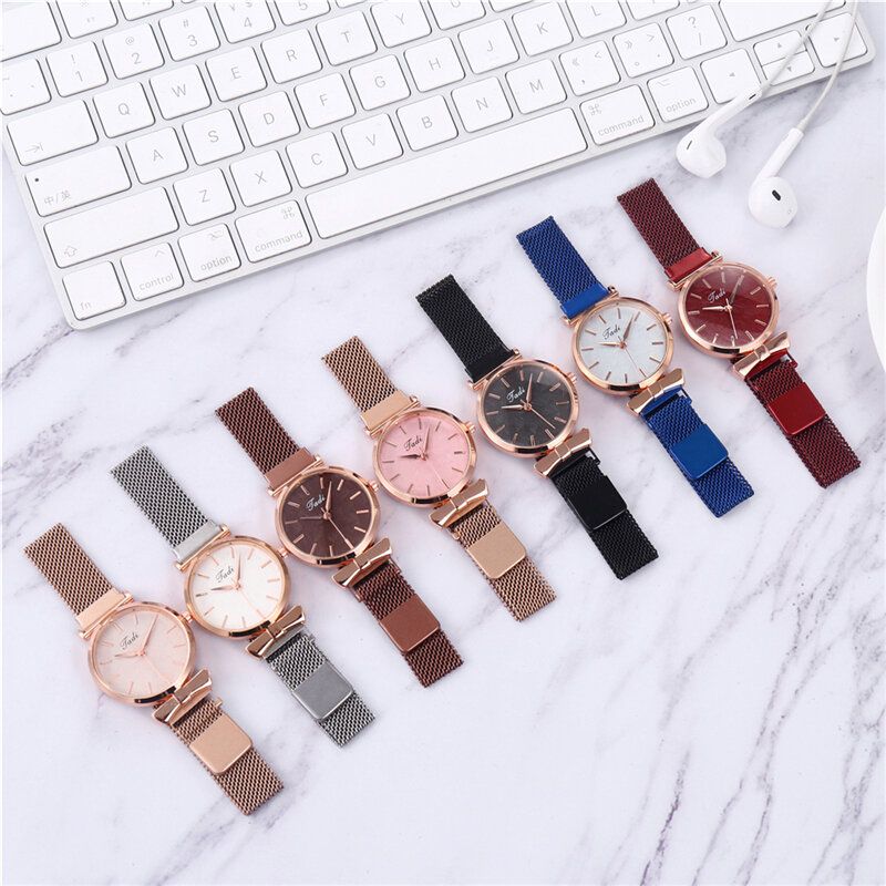 Moda Casual Elegante Diseño Mujer Relojes Aleación Malla Banda Dial Estuche De Pulsera Reloj De Cuarzo