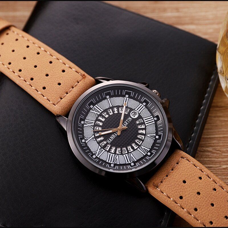 Moda Casual Números Romanos Dial Creativo Visualización De Fecha Correa De Cuero Hombres Reloj De Cuarzo