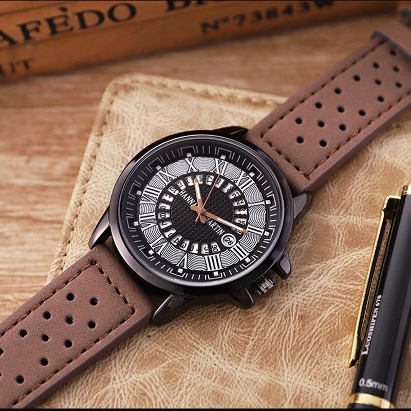 Moda Casual Números Romanos Dial Creativo Visualización De Fecha Correa De Cuero Hombres Reloj De Cuarzo