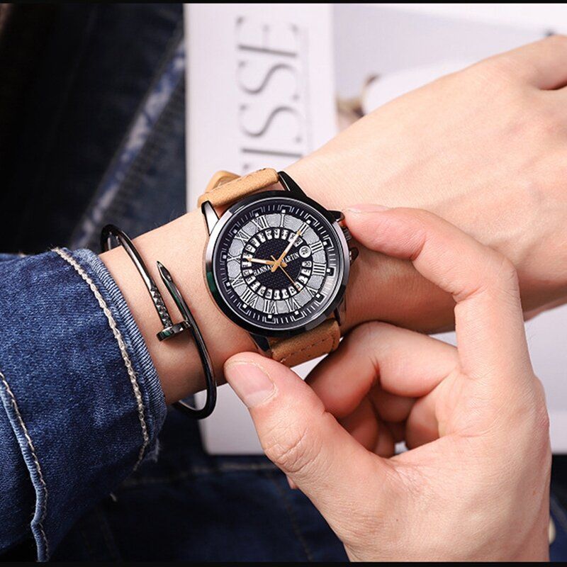 Moda Casual Números Romanos Dial Creativo Visualización De Fecha Correa De Cuero Hombres Reloj De Cuarzo