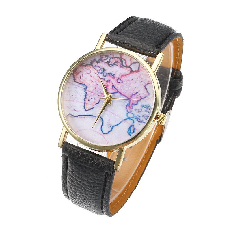 Moda Casual Pu Correa De Cuero Mapa Dial Reloj De Pulsera Para Mujer Reloj De Cuarzo