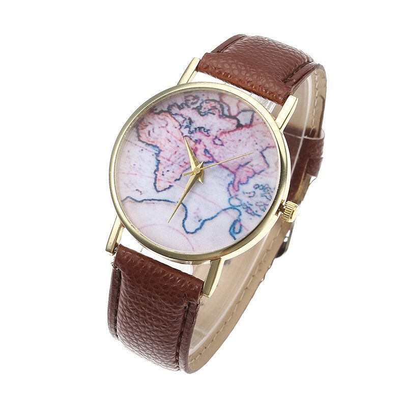 Moda Casual Pu Correa De Cuero Mapa Dial Reloj De Pulsera Para Mujer Reloj De Cuarzo