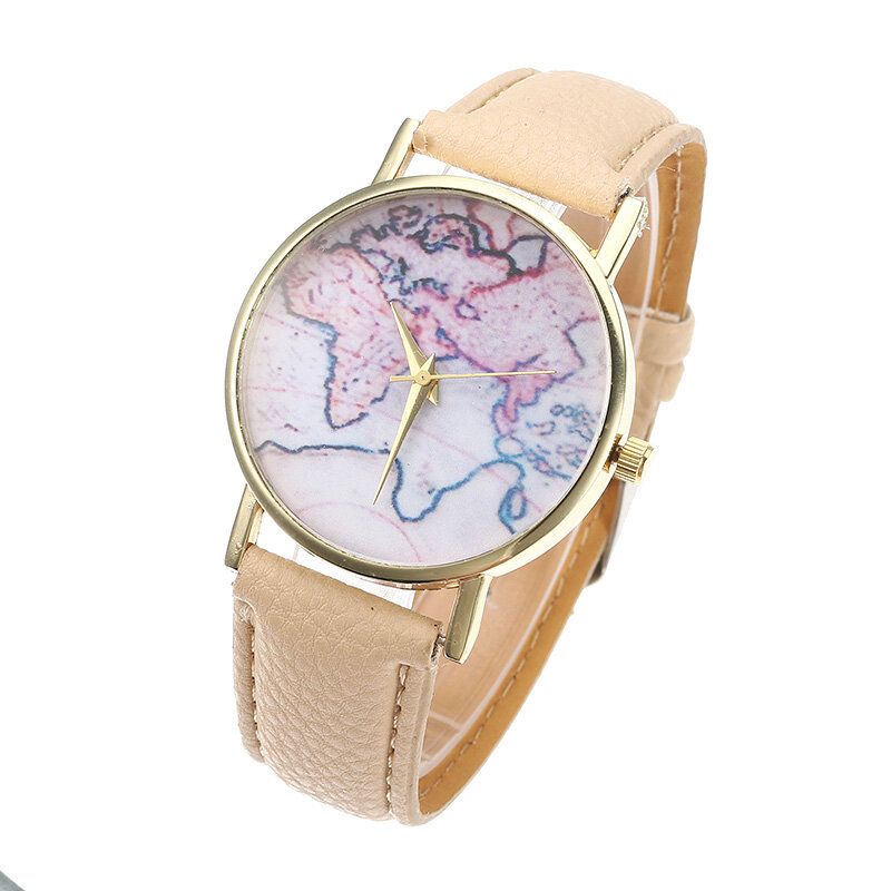 Moda Casual Pu Correa De Cuero Mapa Dial Reloj De Pulsera Para Mujer Reloj De Cuarzo