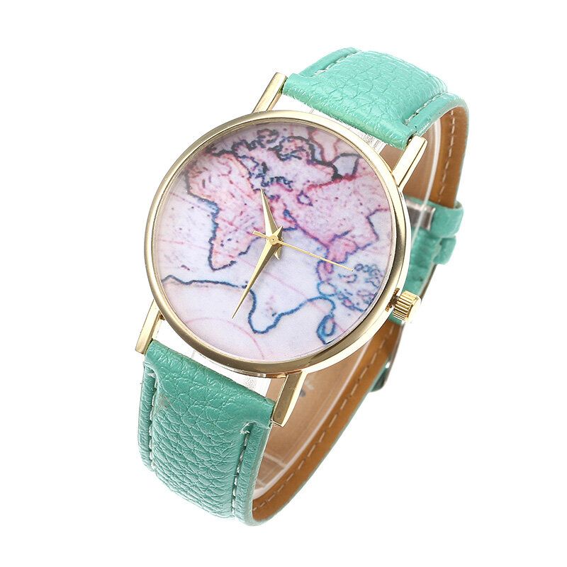 Moda Casual Pu Correa De Cuero Mapa Dial Reloj De Pulsera Para Mujer Reloj De Cuarzo