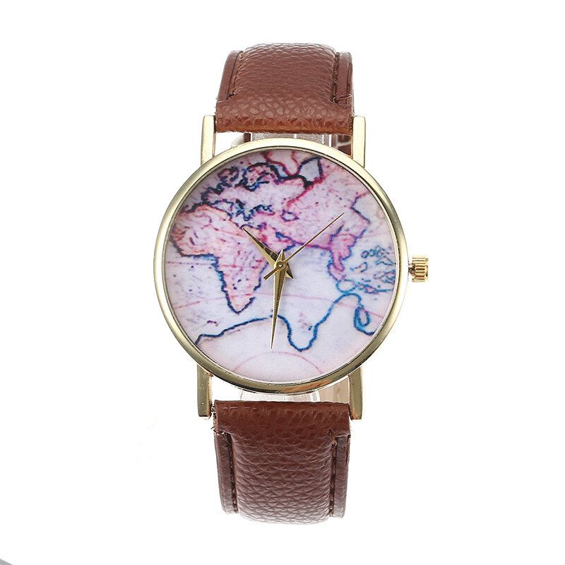 Moda Casual Pu Correa De Cuero Mapa Dial Reloj De Pulsera Para Mujer Reloj De Cuarzo