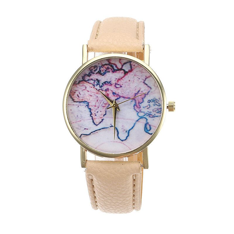 Moda Casual Pu Correa De Cuero Mapa Dial Reloj De Pulsera Para Mujer Reloj De Cuarzo