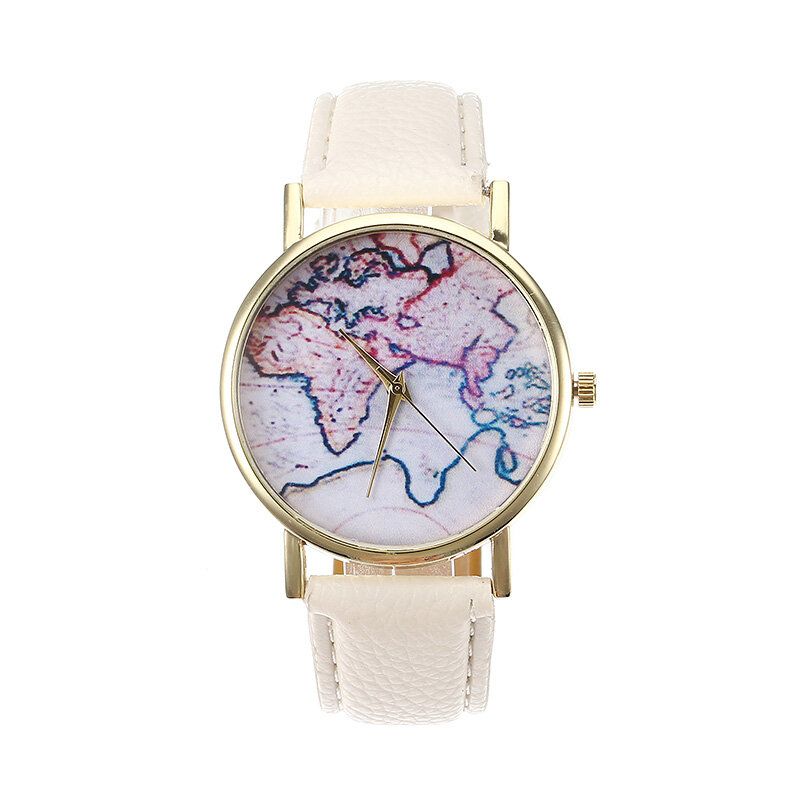 Moda Casual Pu Correa De Cuero Mapa Dial Reloj De Pulsera Para Mujer Reloj De Cuarzo