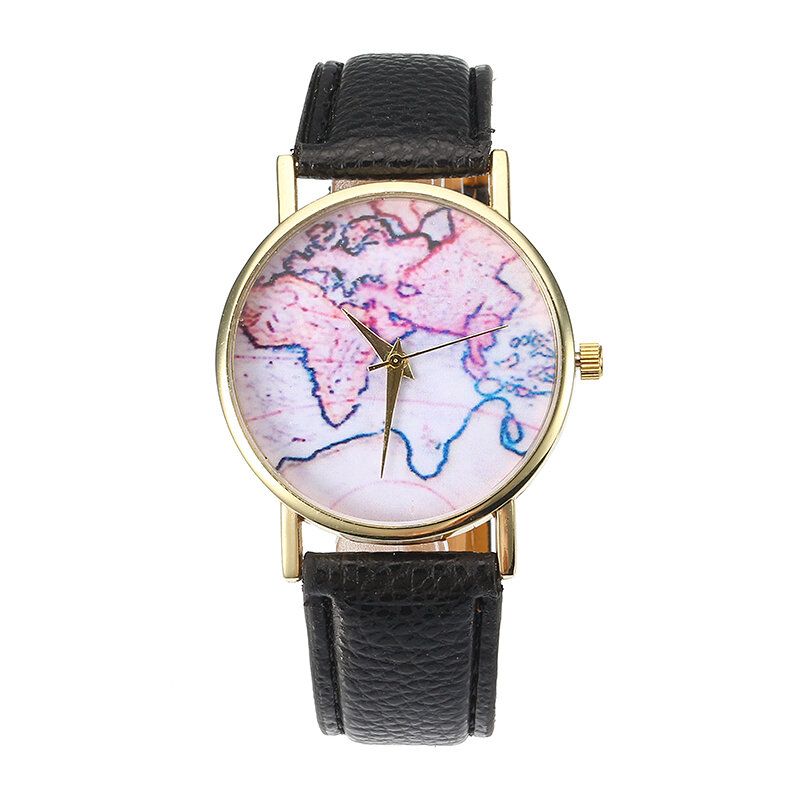 Moda Casual Pu Correa De Cuero Mapa Dial Reloj De Pulsera Para Mujer Reloj De Cuarzo