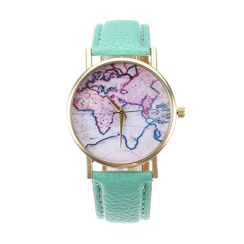 Moda Casual Pu Correa De Cuero Mapa Dial Reloj De Pulsera Para Mujer Reloj De Cuarzo