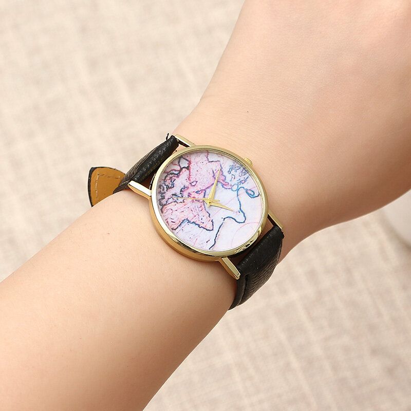 Moda Casual Pu Correa De Cuero Mapa Dial Reloj De Pulsera Para Mujer Reloj De Cuarzo