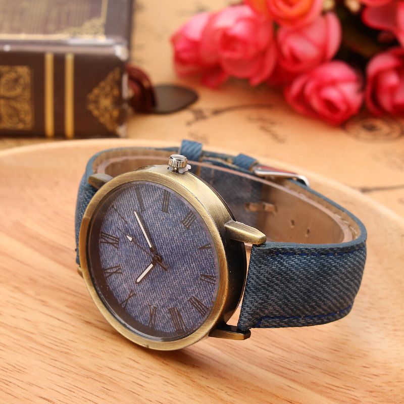 Moda Colorida Correa Denim Pu Correa Casual Dial Hombres Mujeres Reloj Reloj De Cuarzo