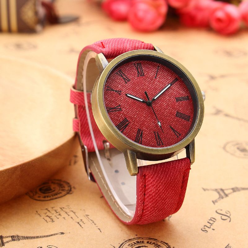 Moda Colorida Correa Denim Pu Correa Casual Dial Hombres Mujeres Reloj Reloj De Cuarzo