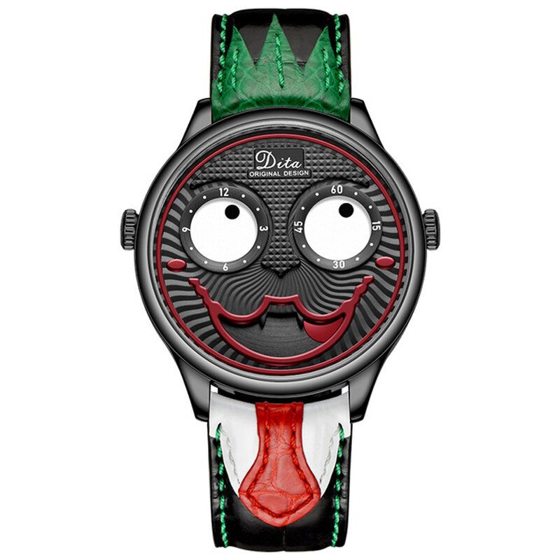 Moda Creative Joker Dial Cuero Correa De Acero Inoxidable Personalidad Aleación Hombres Reloj De Cuarzo