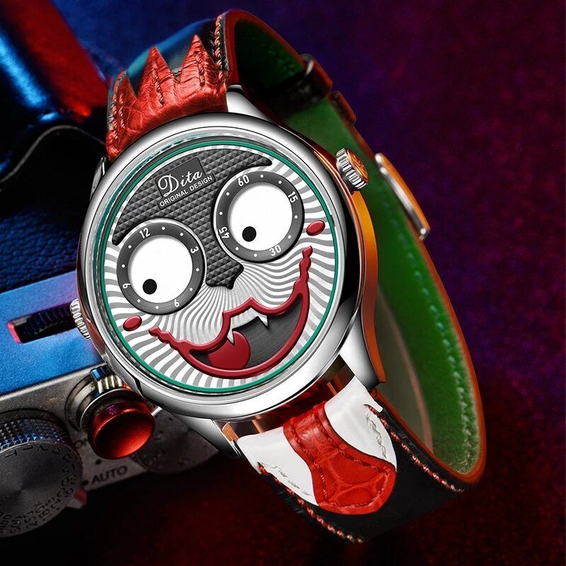 Moda Creative Joker Dial Cuero Correa De Acero Inoxidable Personalidad Aleación Hombres Reloj De Cuarzo