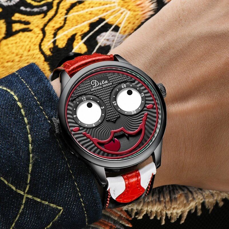 Moda Creative Joker Dial Cuero Correa De Acero Inoxidable Personalidad Aleación Hombres Reloj De Cuarzo