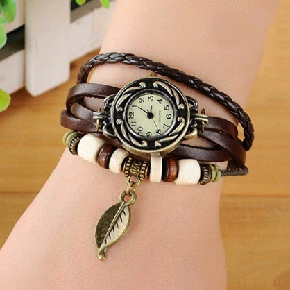 Moda Estilo Étnico Patrón De Hoja Pu Correa De Cuero Mujeres Pulsera Reloj Reloj De Cuarzo