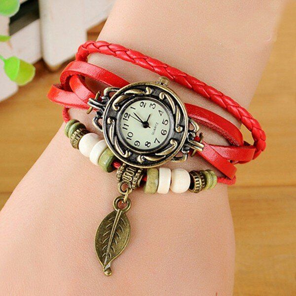 Moda Estilo Étnico Patrón De Hoja Pu Correa De Cuero Mujeres Pulsera Reloj Reloj De Cuarzo