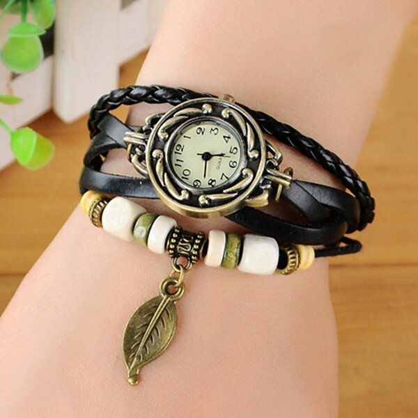 Moda Estilo Étnico Patrón De Hoja Pu Correa De Cuero Mujeres Pulsera Reloj Reloj De Cuarzo