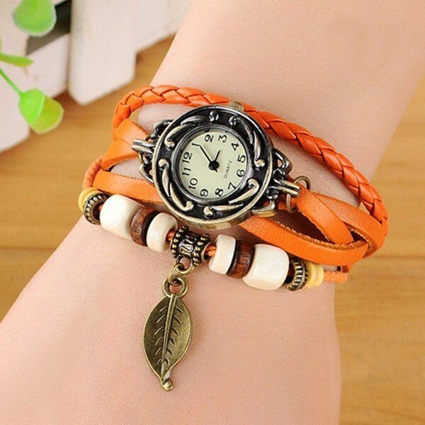 Moda Estilo Étnico Patrón De Hoja Pu Correa De Cuero Mujeres Pulsera Reloj Reloj De Cuarzo