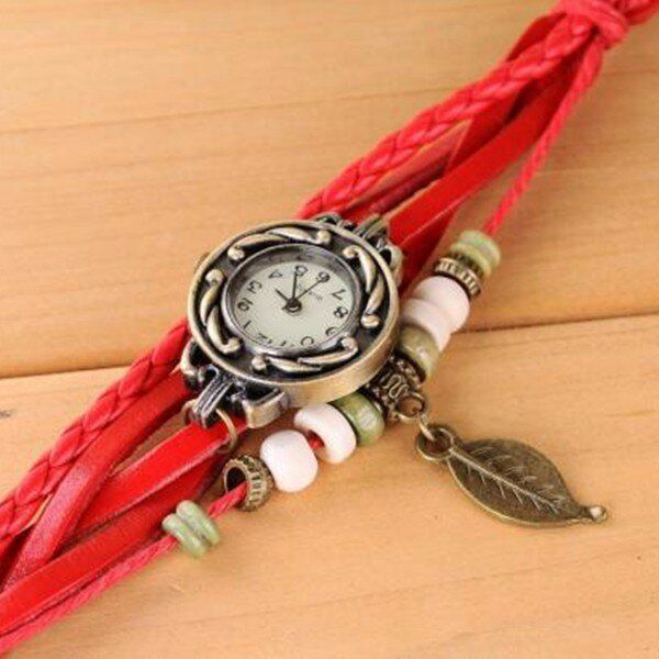 Moda Estilo Étnico Patrón De Hoja Pu Correa De Cuero Mujeres Pulsera Reloj Reloj De Cuarzo