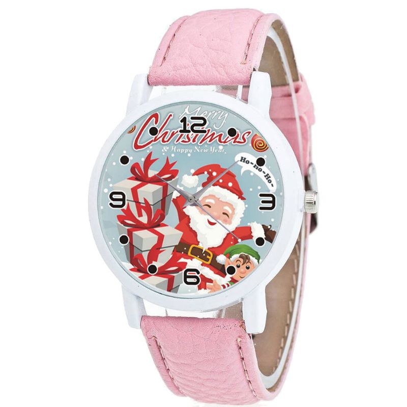 Moda Navidad Papá Noel Con Patrón De Regalo Reloj Lindo Correa De Cuero Hombres Mujeres Reloj De Cuarzo