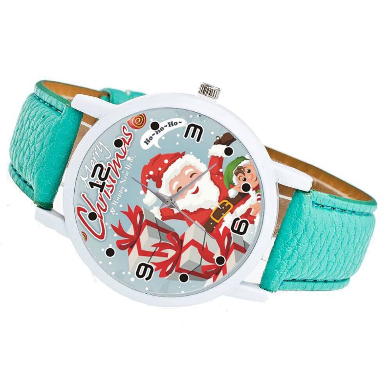 Moda Navidad Papá Noel Con Patrón De Regalo Reloj Lindo Correa De Cuero Hombres Mujeres Reloj De Cuarzo