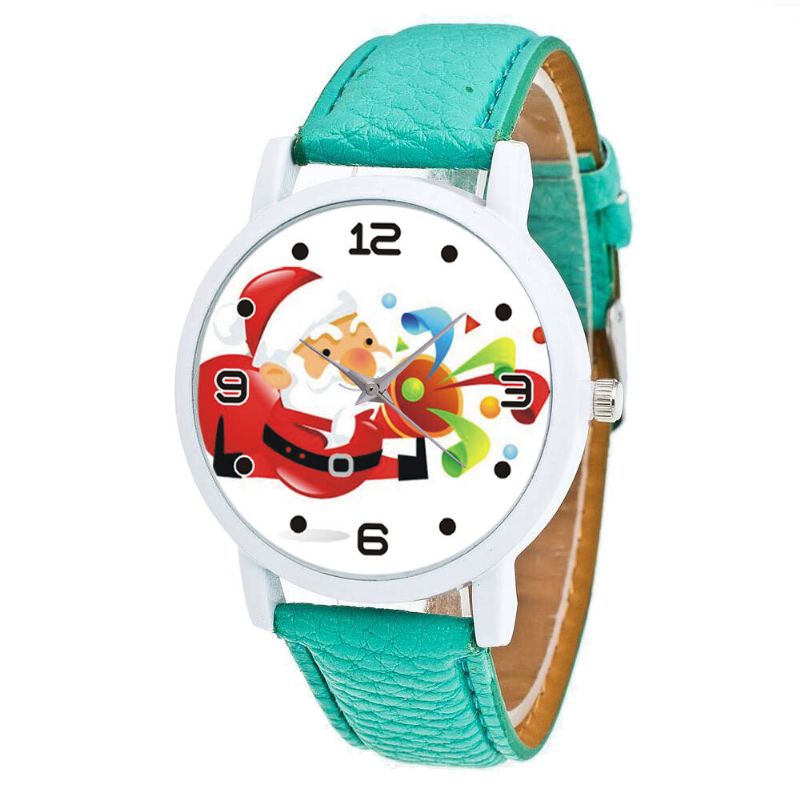 Moda Navidad Papá Noel Soplando Suona Patrón Reloj Lindo Correa De Cuero Hombres Mujeres Reloj De Cuarzo