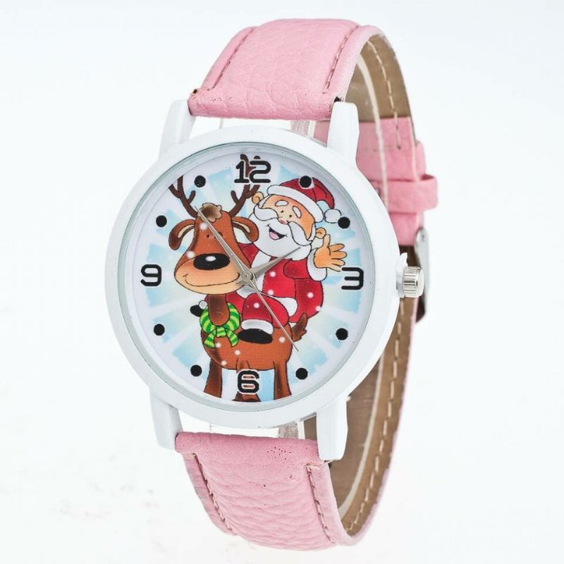 Moda Navidad Patrón De Papá Noel Reloj Lindo Correa De Cuero Hombres Mujeres Reloj De Cuarzo