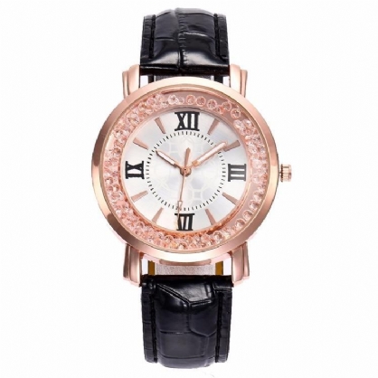 Moda De Oro Rosa De Cristal Que Fluye Números Romanos Vestido De Mujer Pulsera Reloj De Cuarzo De Cuero Para Mujer