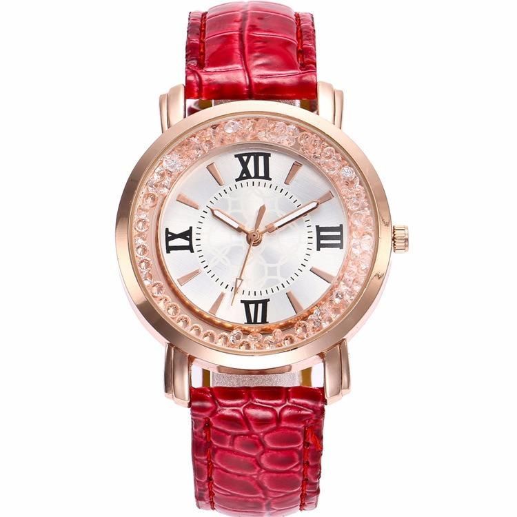 Moda De Oro Rosa De Cristal Que Fluye Números Romanos Vestido De Mujer Pulsera Reloj De Cuarzo De Cuero Para Mujer